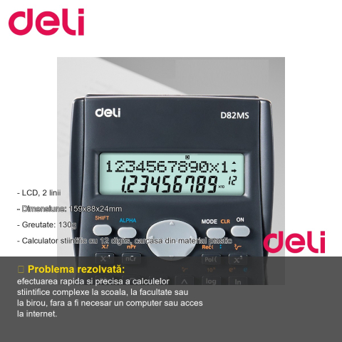 Calculator stiintific Deli 82MS, 240 functii, 12 digits, display LCD 2 linii, pentru scoala si birou [1]