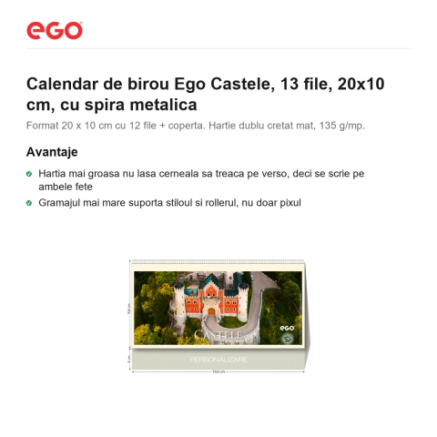 Calendar de birou Ego Castele, 13 file, 20x10 cm, cu spira metalica [1]