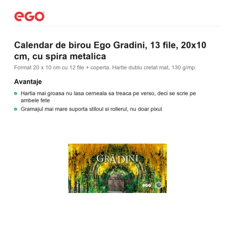 Calendar de birou Ego Gradini, 13 file, 20x10 cm, cu spira metalica [1]
