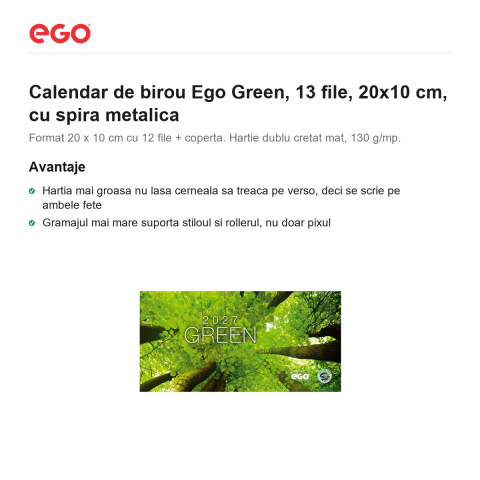 Calendar de birou Ego Green, 13 file, 20x10 cm, cu spira metalica [1]