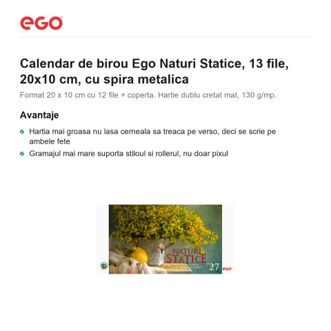 Calendar de birou Ego Naturi Statice, 13 file, 20x10 cm, cu spira metalica [1]