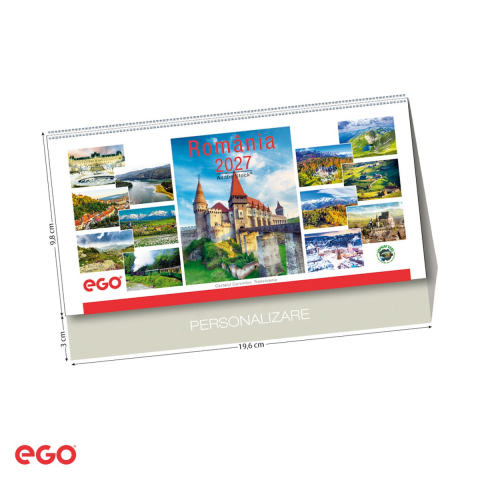 Calendare - Calendar de birou Ego Romania, 13 file, 20x10 cm, cu spira metalica