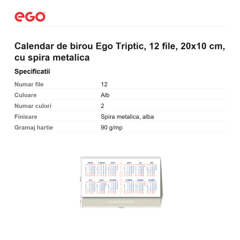 Calendar de birou Ego Triptic, 12 file, 20x10 cm, cu spira metalica [2]
