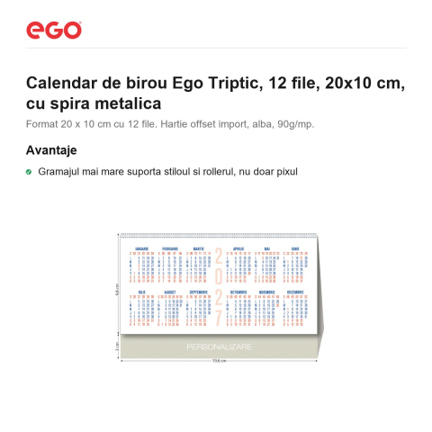 Calendar de birou Ego Triptic, 12 file, 20x10 cm, cu spira metalica [1]