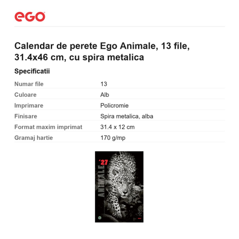 Calendar de perete Ego Animale, 13 file, 31.4x46 cm, cu spira metalica [2]