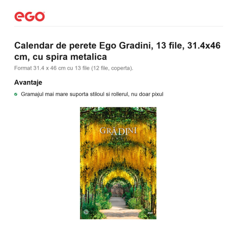 Calendar de perete Ego Gradini, 13 file, 31.4x46 cm, cu spira metalica [1]