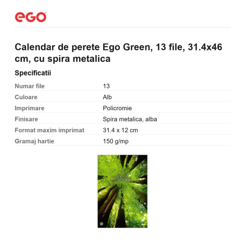 Calendar de perete Ego Green, 13 file, 31.4x46 cm, cu spira metalica [2]