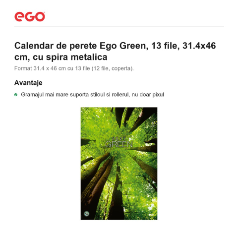 Calendar de perete Ego Green, 13 file, 31.4x46 cm, cu spira metalica [1]