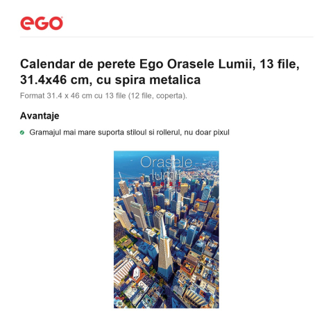 Calendar de perete Ego Orasele Lumii, 13 file, 31.4x46 cm, cu spira metalica [1]