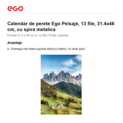 Calendar de perete Ego Peisaje, 13 file, 31.4x46 cm, cu spira metalica [1]