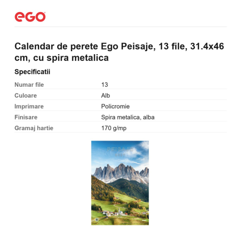 Calendar de perete Ego Peisaje, 13 file, 31.4x46 cm, cu spira metalica [2]