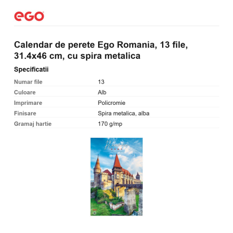 Calendar de perete Ego Romania, 13 file, 31.4x46 cm, cu spira metalica [2]