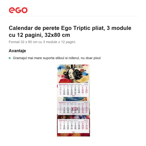 Calendar de perete Ego Triptic pliat, 3 module cu 12 pagini, 32x80 cm [1]