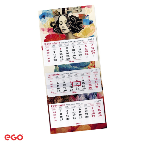 Calendare - Calendar de perete Ego Triptic pliat, 3 module cu 12 pagini, 32x80 cm