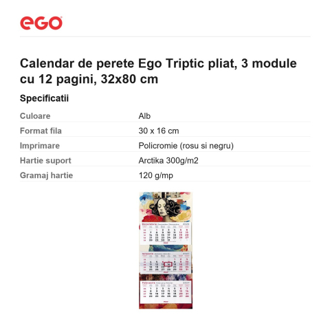 Calendar de perete Ego Triptic pliat, 3 module cu 12 pagini, 32x80 cm [2]