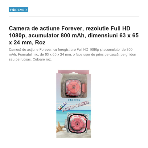 Camera de actiune Forever, rezolutie Full HD 1080p, acumulator 800 mAh, dimensiuni 63 x 65 x 24 mm, Roz [1]