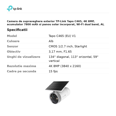 Camera de supraveghere exterior TP-Link Tapo C465, 4K 8MP, acumulator 7800 mAh si panou solar incorporat, Wi-Fi dual band, AI, vedere nocturna color, IP65, alb [2]