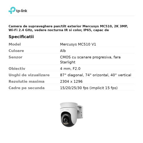 Camera de supraveghere pan/tilt exterior Mercusys MC510, 2K 3MP, Wi-Fi 2.4 GHz, vedere nocturna IR si color, IP65, capac de confidentialitate, alb [2]