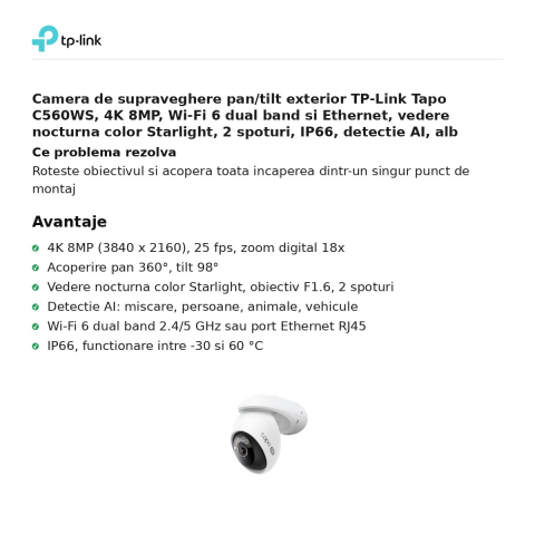 Camera de supraveghere pan/tilt exterior TP-Link Tapo C560WS, 4K 8MP, Wi-Fi 6 dual band si Ethernet, vedere nocturna color Starlight, 2 spoturi, IP66, detectie AI, alb [1]