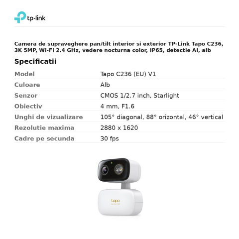 Camera de supraveghere pan/tilt interior si exterior TP-Link Tapo C236, 3K 5MP, Wi-Fi 2.4 GHz, vedere nocturna color, IP65, detectie AI, alb [2]