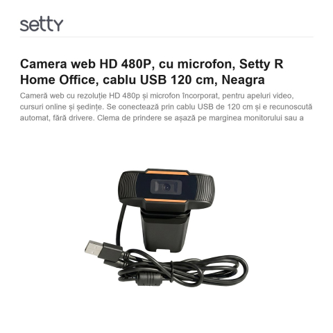 Camera web HD 480P, cu microfon, Setty R Home Office, cablu USB 120 cm, Neagra [1]
