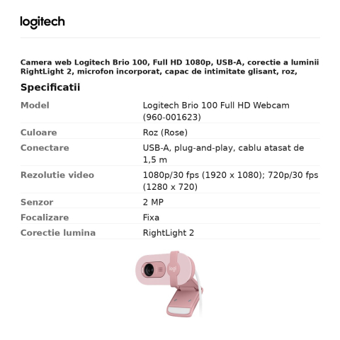 Camera web Logitech Brio 100, Full HD 1080p, USB-A, corectie a luminii RightLight 2, microfon incorporat, capac de intimitate glisant, roz, 960-001623 [2]