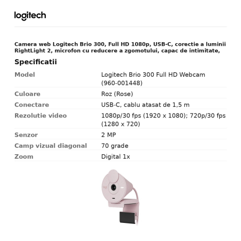 Camera web Logitech Brio 300, Full HD 1080p, USB-C, corectie a luminii RightLight 2, microfon cu reducere a zgomotului, capac de intimitate, roz, 960-001448 [2]