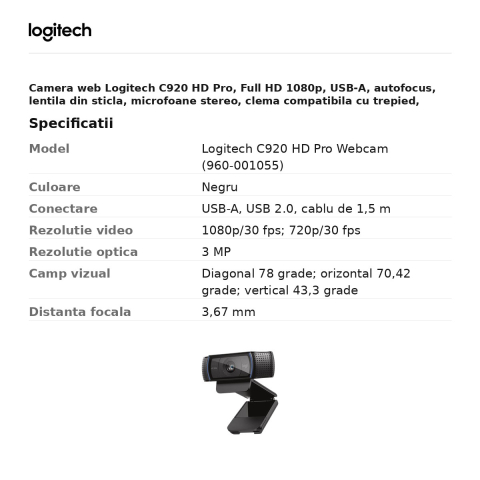 Camera web Logitech C920 HD Pro, Full HD 1080p, USB-A, autofocus, lentila din sticla, microfoane stereo, clema compatibila cu trepied, negru, 960-001055 [2]