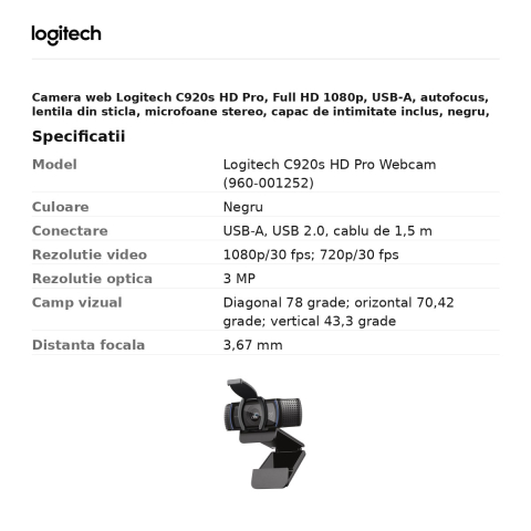 Camera web Logitech C920s HD Pro, Full HD 1080p, USB-A, autofocus, lentila din sticla, microfoane stereo, capac de intimitate inclus, negru, 960-001252 [2]