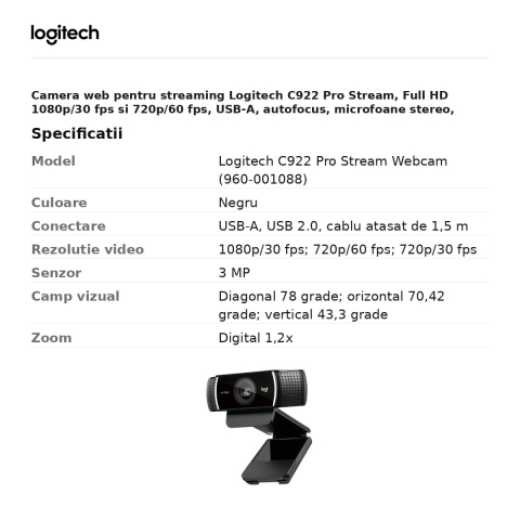 Camera web pentru streaming Logitech C922 Pro Stream, Full HD 1080p/30 fps si 720p/60 fps, USB-A, autofocus, microfoane stereo, trepied inclus, negru, 960-001088 [2]