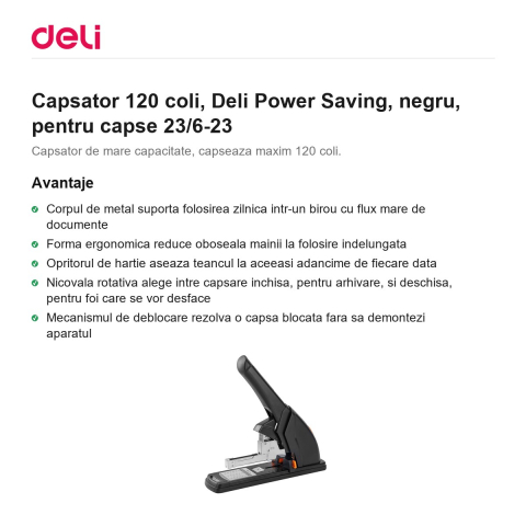 Capsator 120 coli, Deli Power Saving, negru, pentru capse 23/6-23 [1]