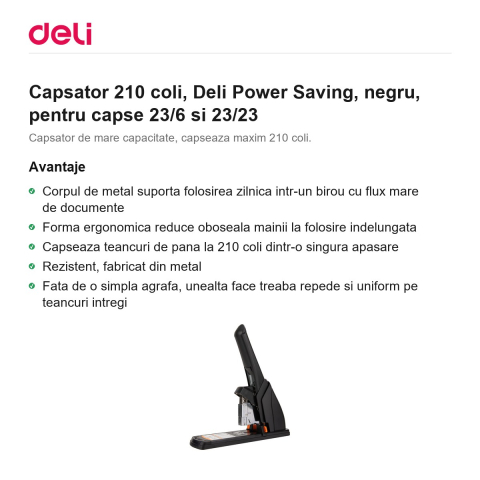 Capsator 210 coli, Deli Power Saving, negru, pentru capse 23/6 si 23/23 [1]