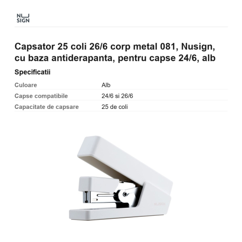 Capsator 25 coli 26/6 corp metal 081, Nusign, cu baza antiderapanta, pentru capse 24/6, alb [2]