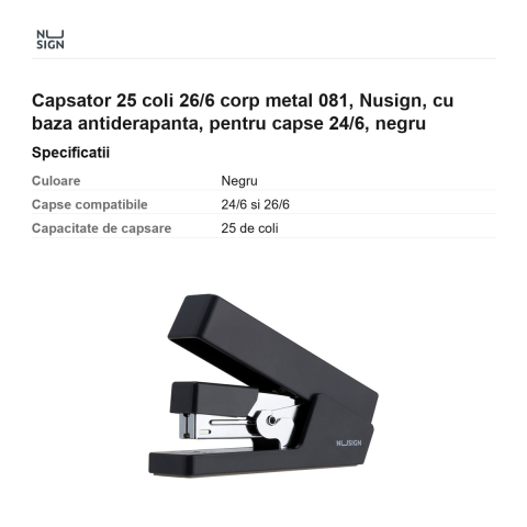 Capsator 25 coli 26/6 corp metal 081, Nusign, cu baza antiderapanta, pentru capse 24/6, negru [2]