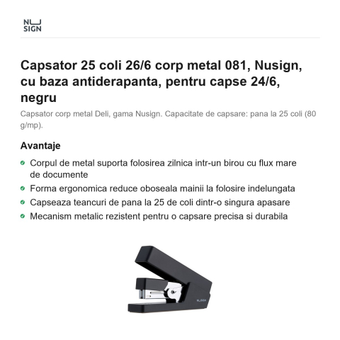 Capsator 25 coli 26/6 corp metal 081, Nusign, cu baza antiderapanta, pentru capse 24/6, negru [1]