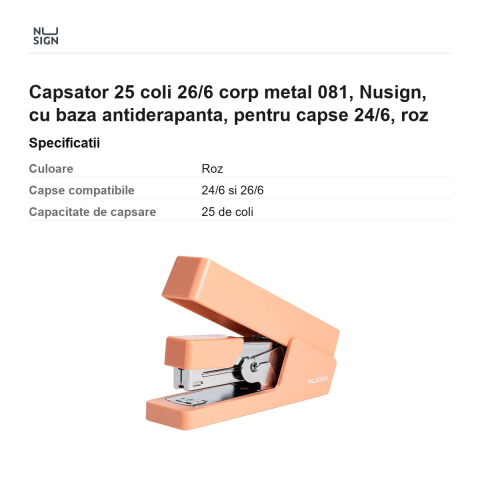 Capsator 25 coli 26/6 corp metal 081, Nusign, cu baza antiderapanta, pentru capse 24/6, roz [2]