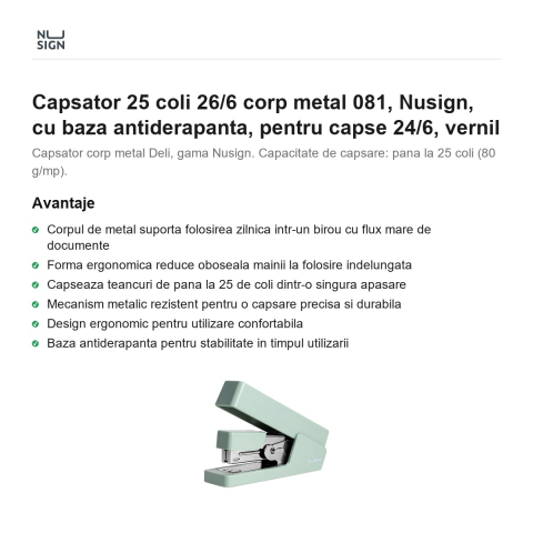 Capsator 25 coli 26/6 corp metal 081, Nusign, cu baza antiderapanta, pentru capse 24/6, vernil [1]