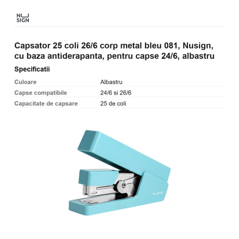 Capsator 25 coli 26/6 corp metal bleu 081, Nusign, cu baza antiderapanta, pentru capse 24/6, albastru [2]