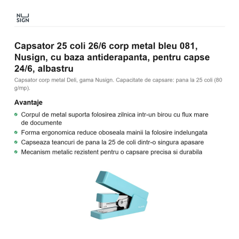 Capsator 25 coli 26/6 corp metal bleu 081, Nusign, cu baza antiderapanta, pentru capse 24/6, albastru [1]