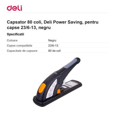Capsator 80 coli, Deli Power Saving, pentru capse 23/6-13, negru [2]
