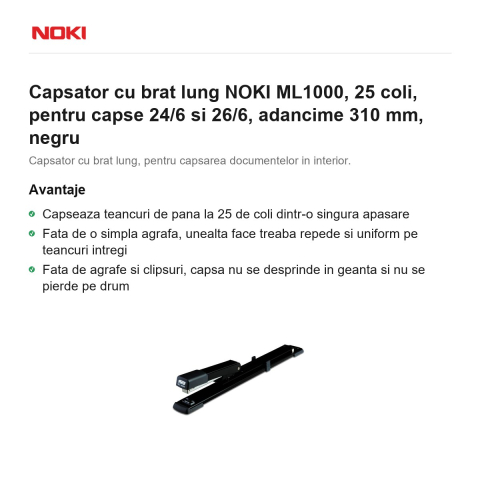 Capsator cu brat lung NOKI ML1000, 25 coli, pentru capse 24/6 si 26/6, adancime 310 mm, negru [1]