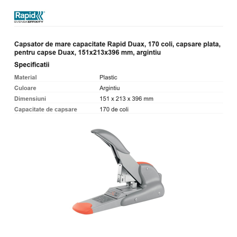Capsator de mare capacitate Rapid Duax, 170 coli, capsare plata, pentru capse Duax, 151x213x396 mm, argintiu [2]