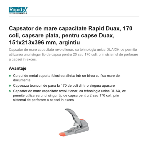 Capsator de mare capacitate Rapid Duax, 170 coli, capsare plata, pentru capse Duax, 151x213x396 mm, argintiu [1]