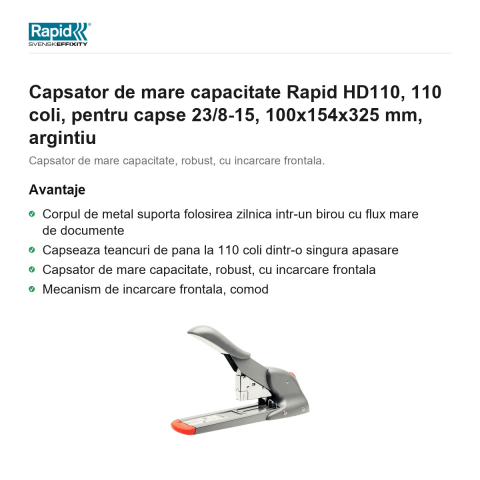 Capsator de mare capacitate Rapid HD110, 110 coli, pentru capse 23/8-15, 100x154x325 mm, argintiu [1]