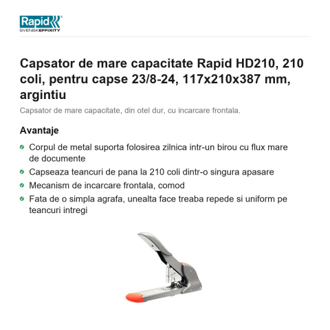 Capsator de mare capacitate Rapid HD210, 210 coli, pentru capse 23/8-24, 117x210x387 mm, argintiu [1]