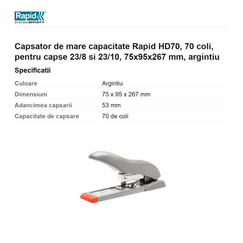 Capsator de mare capacitate Rapid HD70, 70 coli, pentru capse 23/8 si 23/10, 75x95x267 mm, argintiu [2]