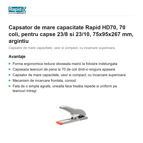 Capsator de mare capacitate Rapid HD70, 70 coli, pentru capse 23/8 si 23/10, 75x95x267 mm, argintiu [1]