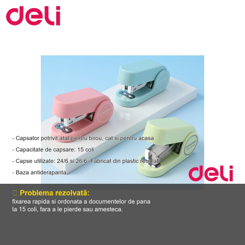 Capsator Deli din plastic reciclat, 15 coli, capse 24/6, culori pastel, pentru birou si acasa [1]