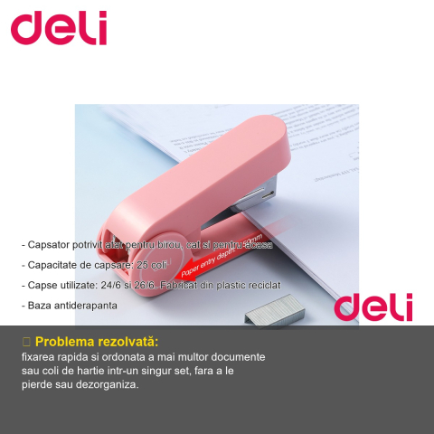 Capsator Deli Longreen 25 coli, capse 24/6, plastic reciclat 50%, verde, pentru birou si acasa [1]