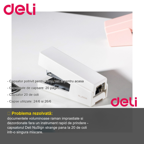 Capsator Deli NuSign, alb, pentru 20 coli, compatibil capse 24/6 si 26/6, ideal pentru birou si acasa [1]